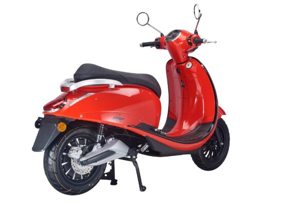 modèle E-Nana rouge de trois-quarts dos, scooter électrique au look rétro de la gamme IMF Industrie