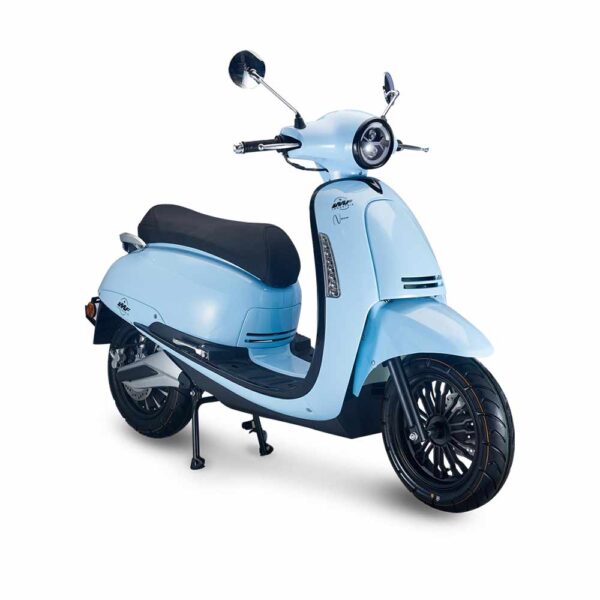 modèle E-Nana bleu de trois-quarts face, scooter électrique au look rétro de la gamme IMF Industrie