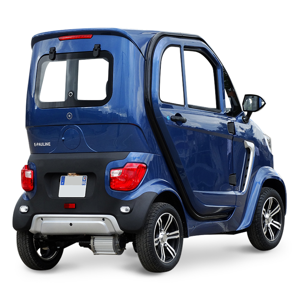 modèle E-Pauline bleu trois-quarts de dos, voiture sans permis électrique de la gamme IMF Industrie à partir de 14 ans