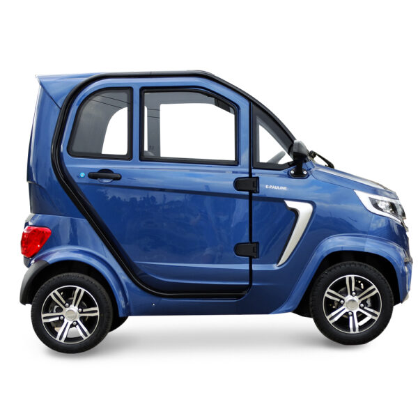 modèle E-Pauline bleu de profil, voiture sans permis électrique de la gamme IMF Industrie à partir de 14 ans